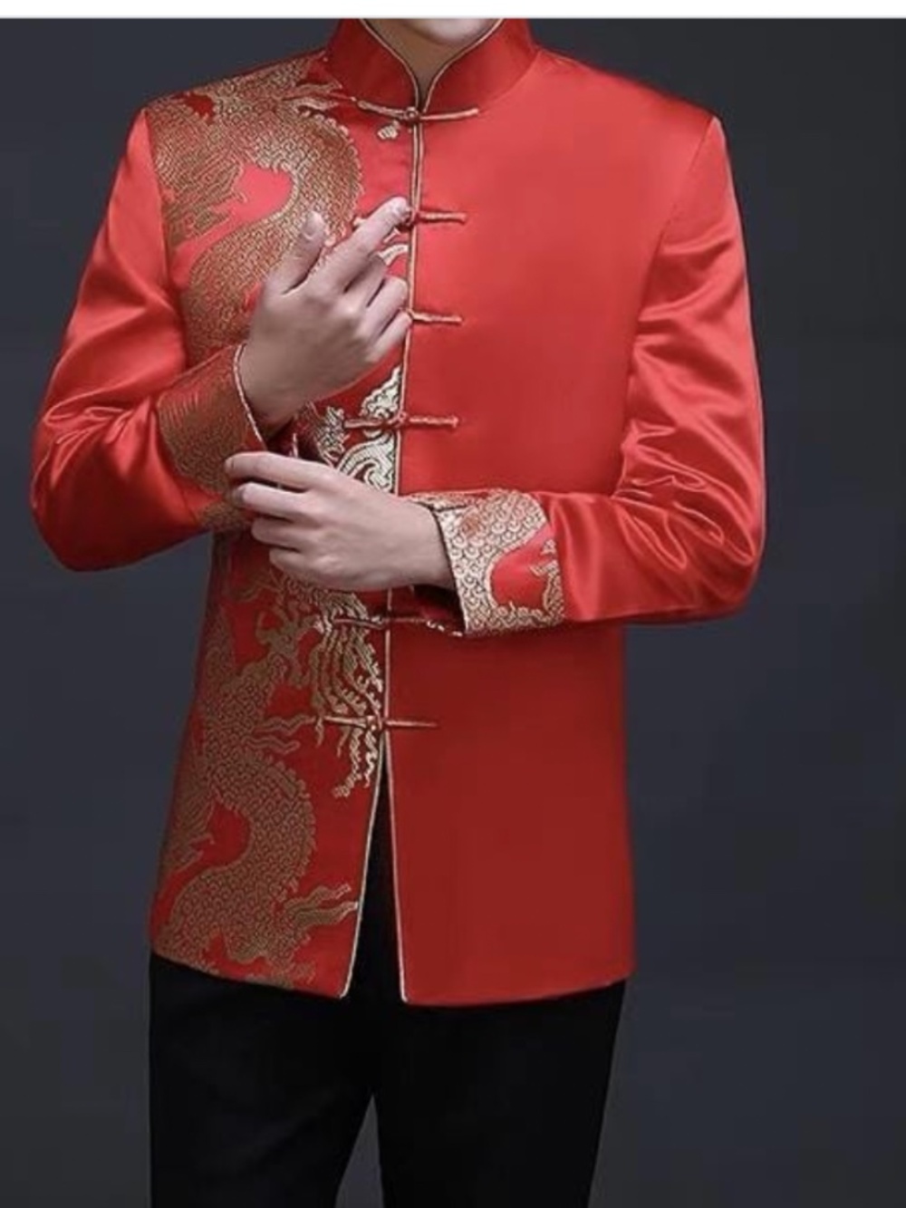 Beth and Brian Qipao - Men's, red with gold dragon for Chinese wedding